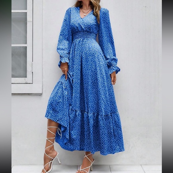 Boho polka dots flounce sleeve ruffle hem maxi dress fall - Picture 6 of 6